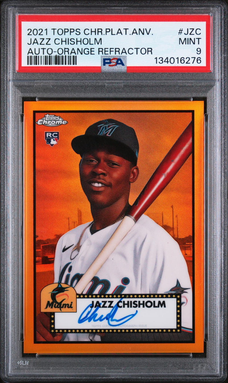 2021 Topps Chrome Platinum Anniversary Autographs Orange Refractors Jazz Chisholm Jr. #PAJZC /25 PSA 9