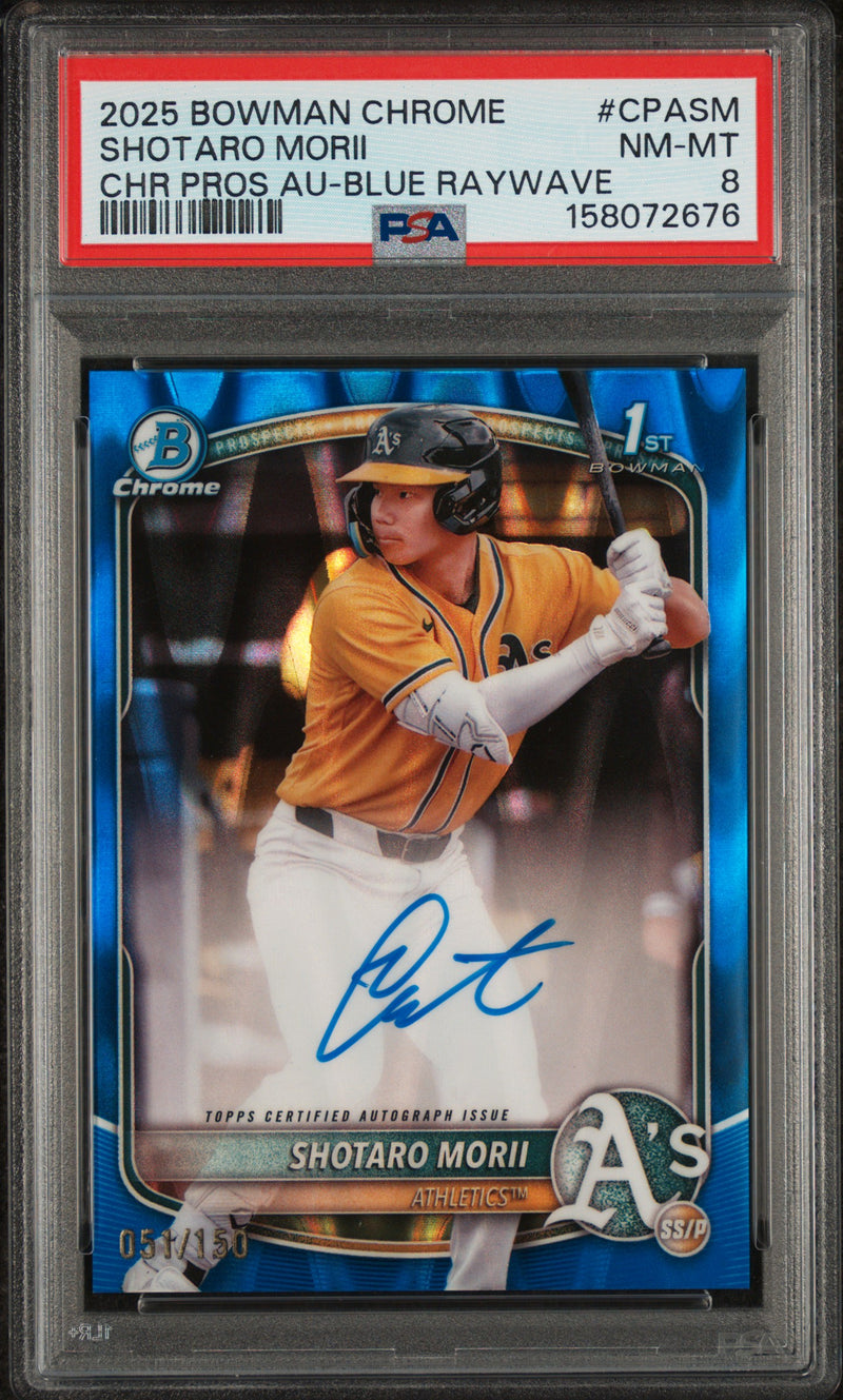 2025 Bowman Chrome Prospect Autographs Blue Raywave Refractors Shotaro Morii #CPASM /150 PSA 8