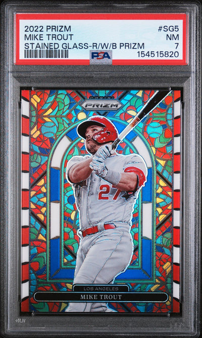 2022 Panini Prizm Stained Glass Red White and Blue Prizm Mike Trout #5 PSA 7
