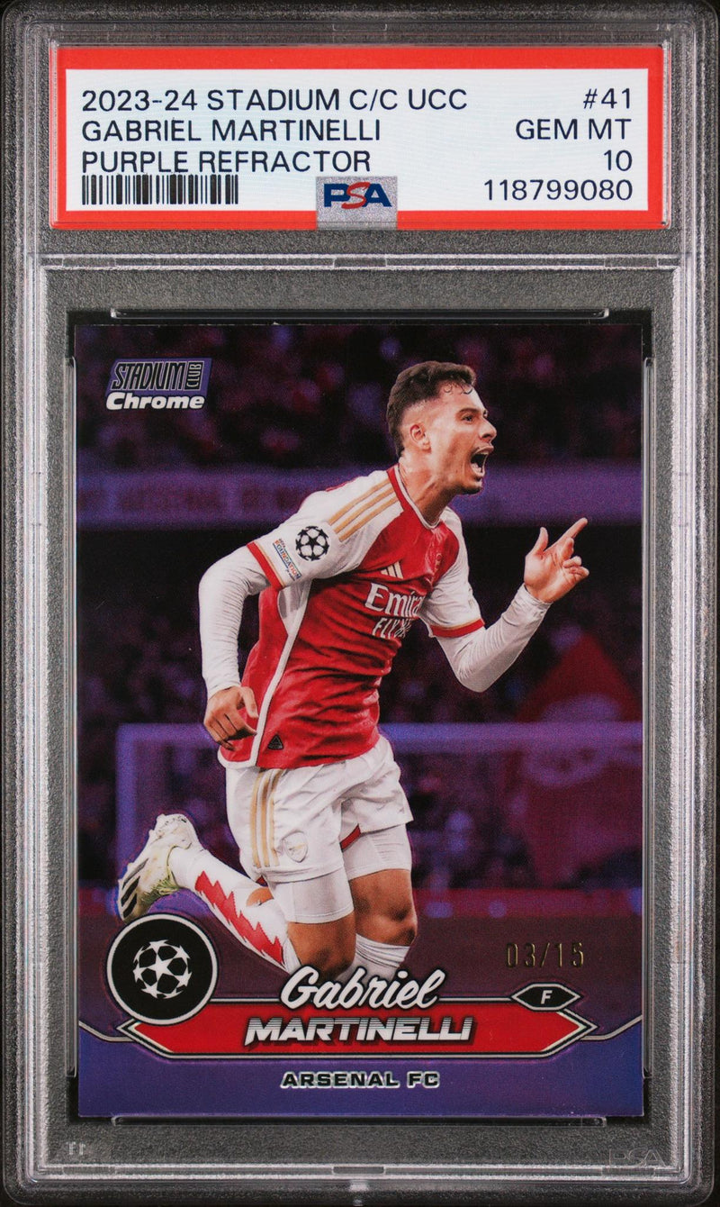 2023 Topps Stadium Club Chrome UEFA Club Competitions Purple Refractor Gabriel Martinelli #41 /15 PSA 10