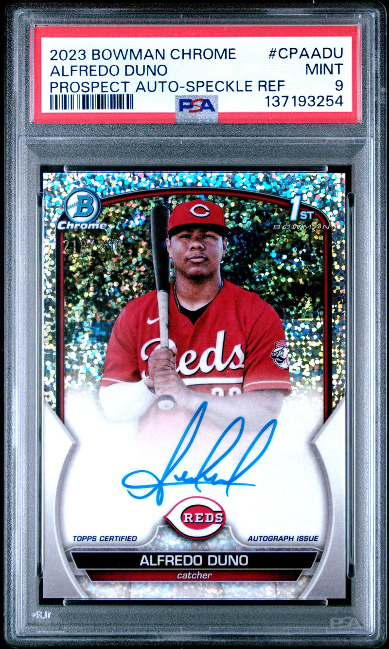 2023 Bowman Chrome Prospect Autograph Speckle Refractor Alfredo Duno #CPAADU /299 PSA 9