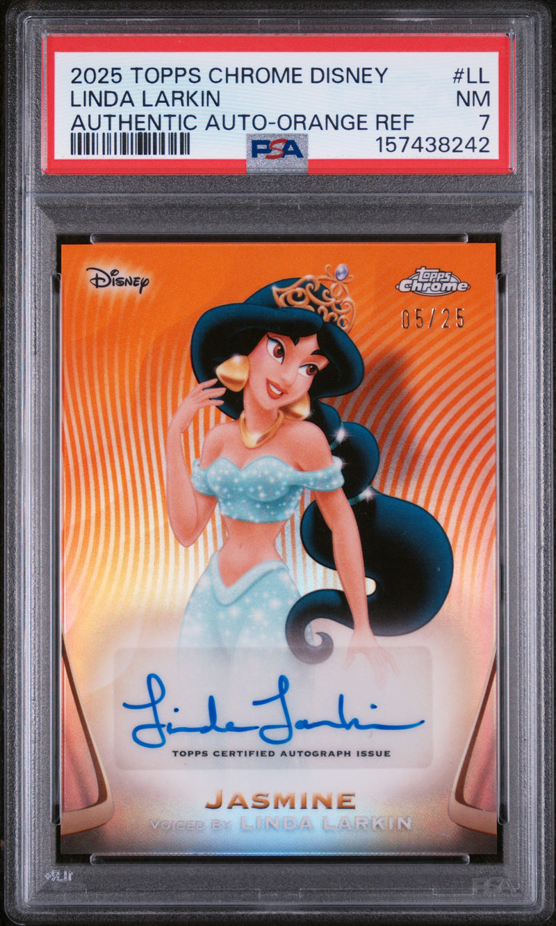 2025 Topps Chrome Disney Disney Chrome 2025 Authentic Autographs Orange Refractor Jasmine/Linda Larkin #LL /25 PSA 7