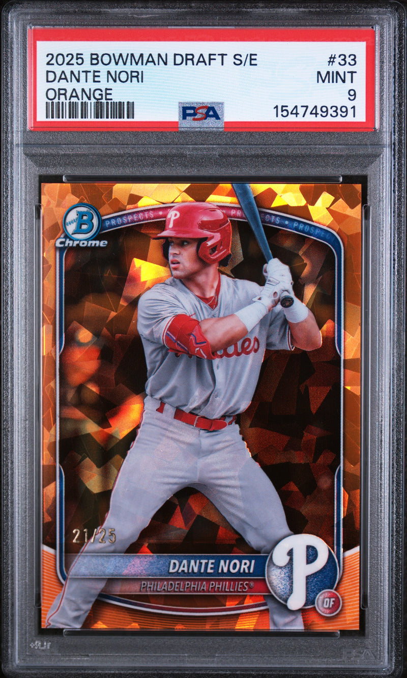 2025 Bowman Draft Sapphire Edition Orange Dante Nori #33 /25 PSA 9