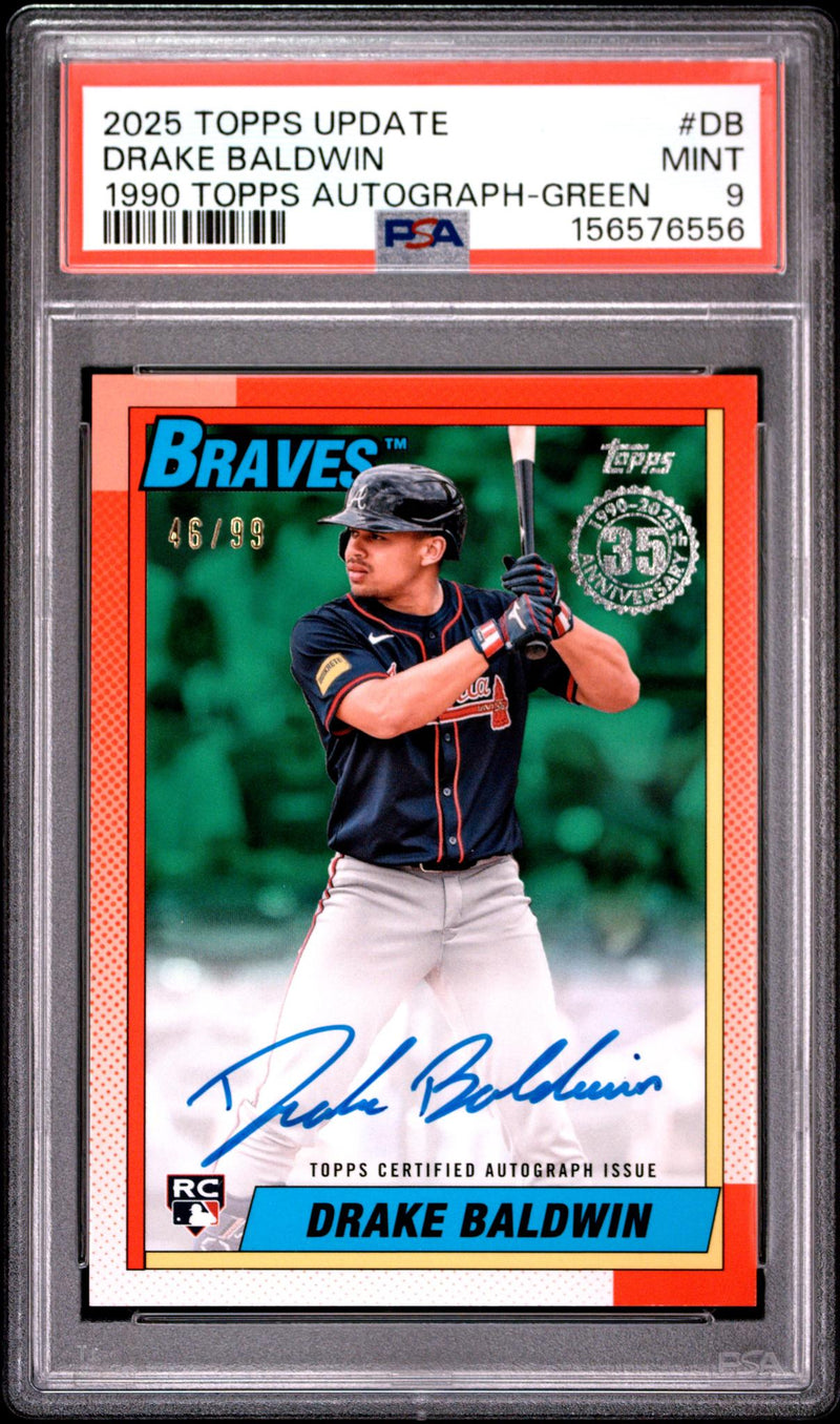 2025 Topps Update 1990 Topps Baseball Autographs Green Drake Baldwin #DB /99 PSA 9