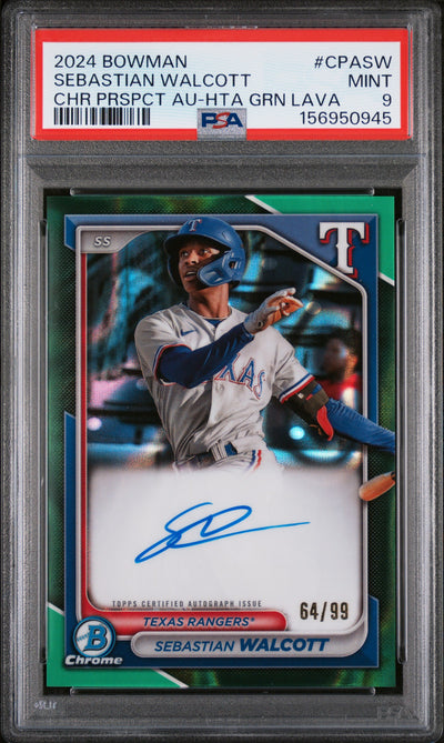 2024 Bowman Chrome Prospect Autographs Green Lava Refractors Sebastian Walcott #CPASW /99 PSA 9