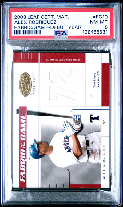 2003 Leaf Certified Materials Fabric of the Game Debut Year Alex Rodriguez #FG10 /172 PSA 8