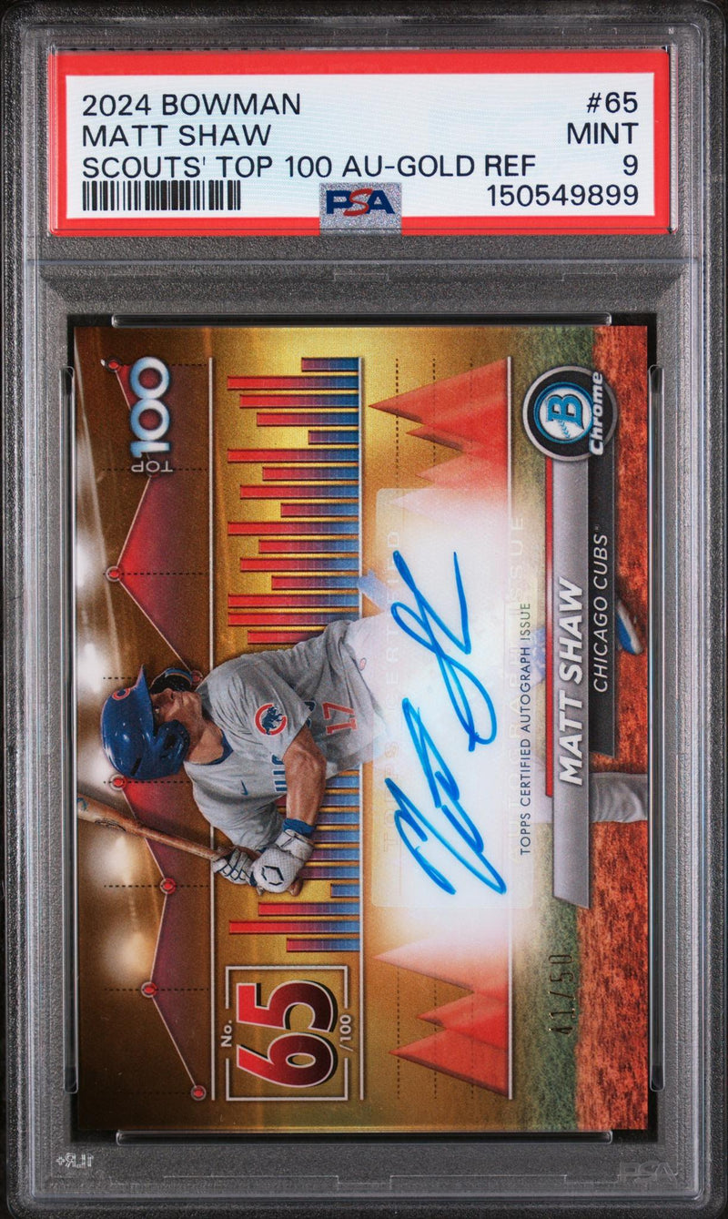 2024 Bowman Bowman Scouts' Top 100 Autographs Scouts' Top 100 Auto-Gold Matt Shaw #65 /50 PSA 9