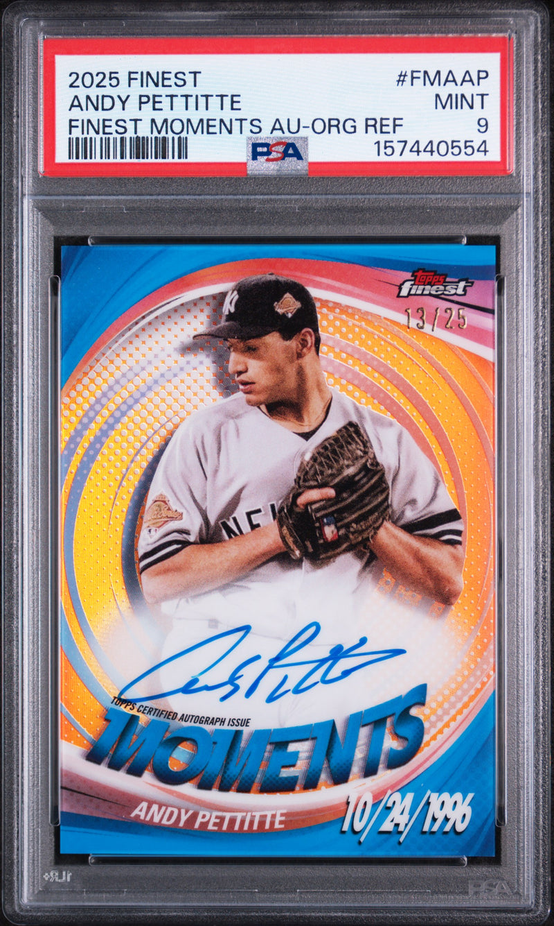 2025 Topps Finest Finest Moments Autographs Orange Refractor Andy Pettitte #FMAAP /25 PSA 9