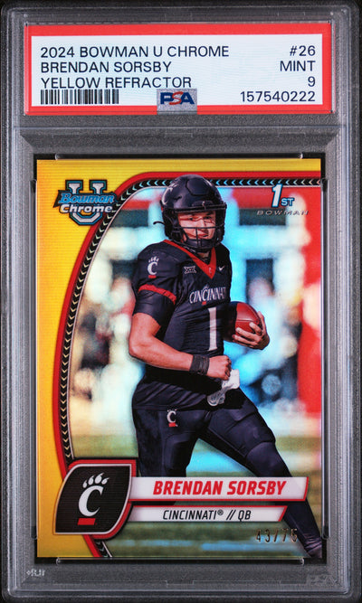 2024 Bowman University Chrome Yellow Refractor Brendan Sorsby #26 /75 PSA 9