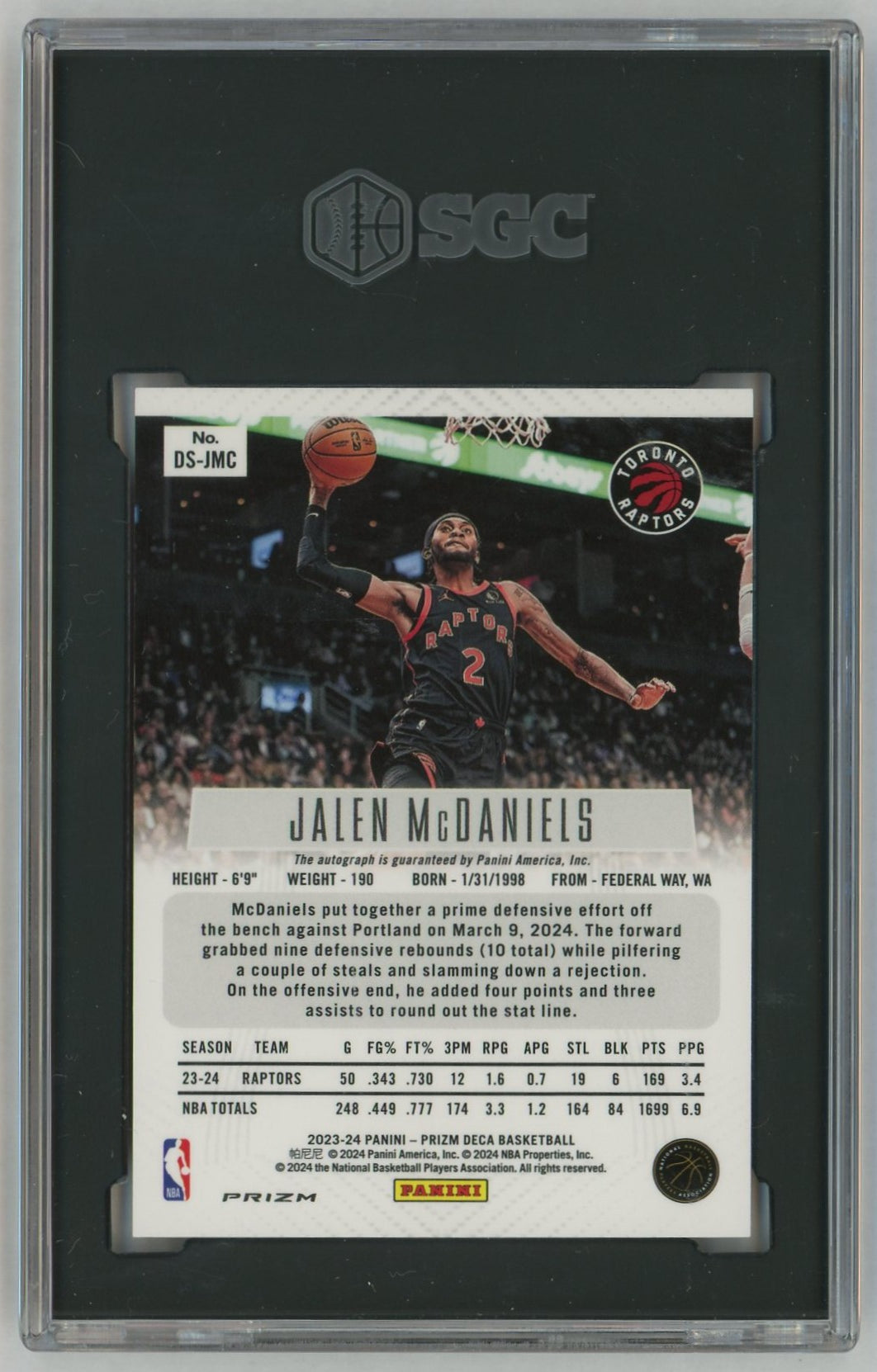 2023 Prizm #DS-JMC Jalen McDaniels Deca Signatures Silver Auto SGC 8.5