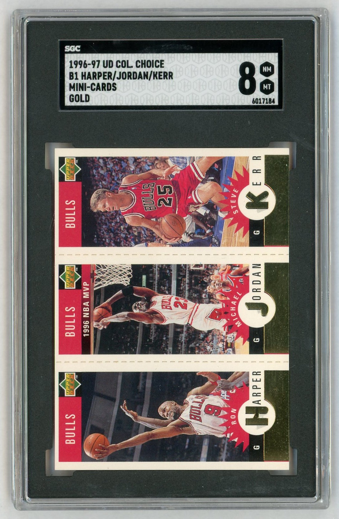 1996-97 UD Collector's Choice #B1 Ron Harper/Michael Jordan/Steve Kerr Gold Mini-Cards SGC 8