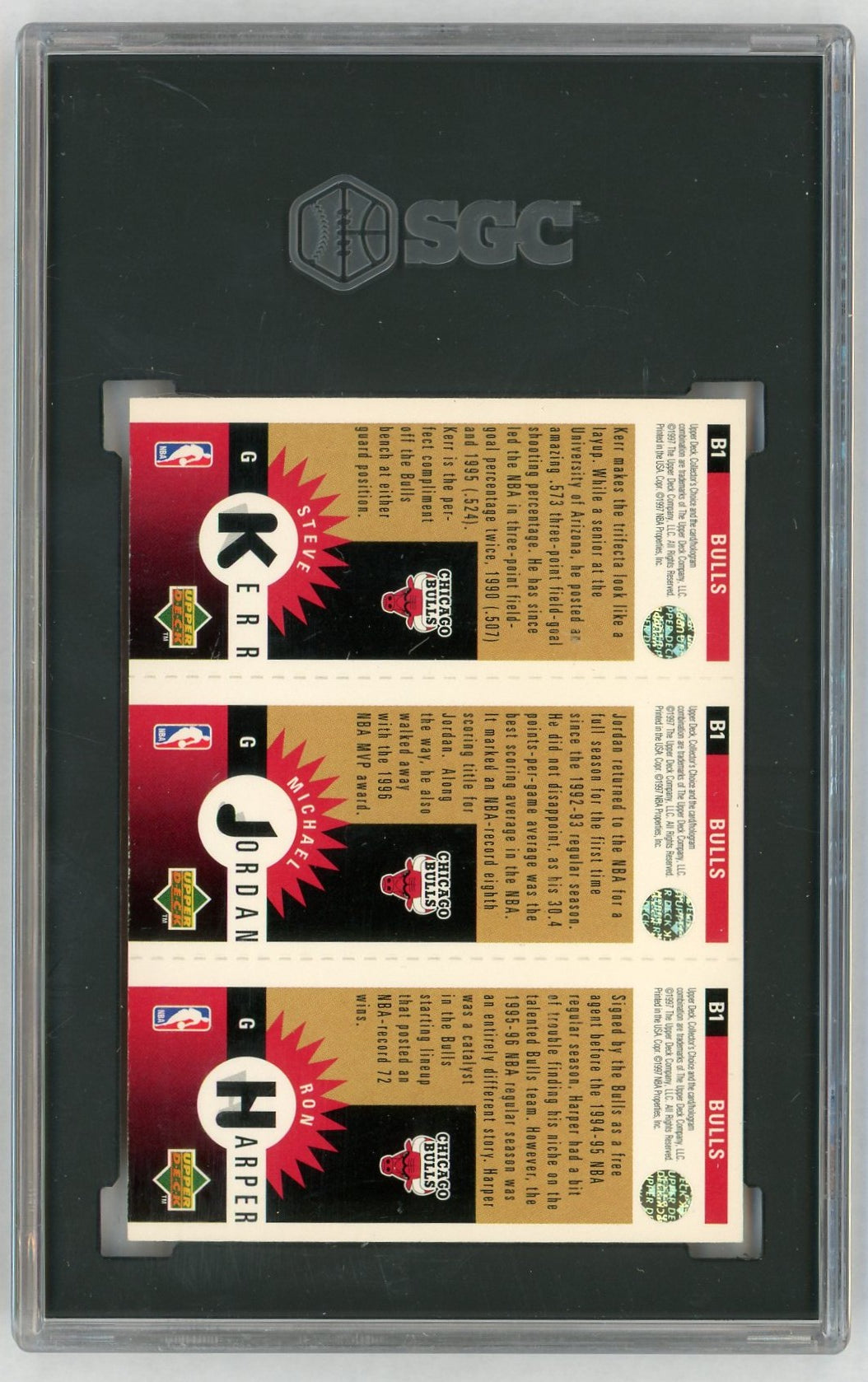 1996-97 UD Collector's Choice #B1 Ron Harper/Michael Jordan/Steve Kerr Gold Mini-Cards SGC 8