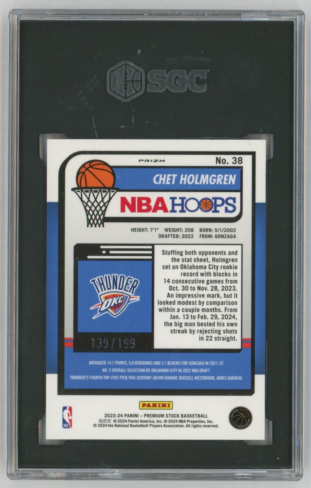 2023 NBA Hoops Premium Stock #38 Chet Holmgren Red Seismic /199 SGC 10