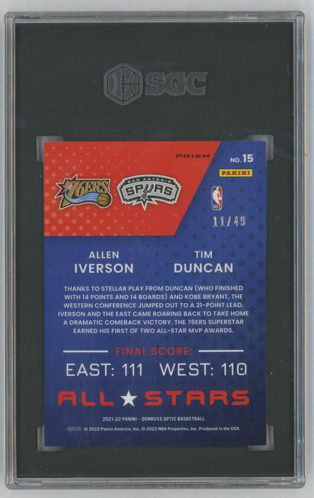 2021-22 Donruss Optic #15 Allen Iverson/Tim Duncan All-Stars Blue /49 SGC 9.5