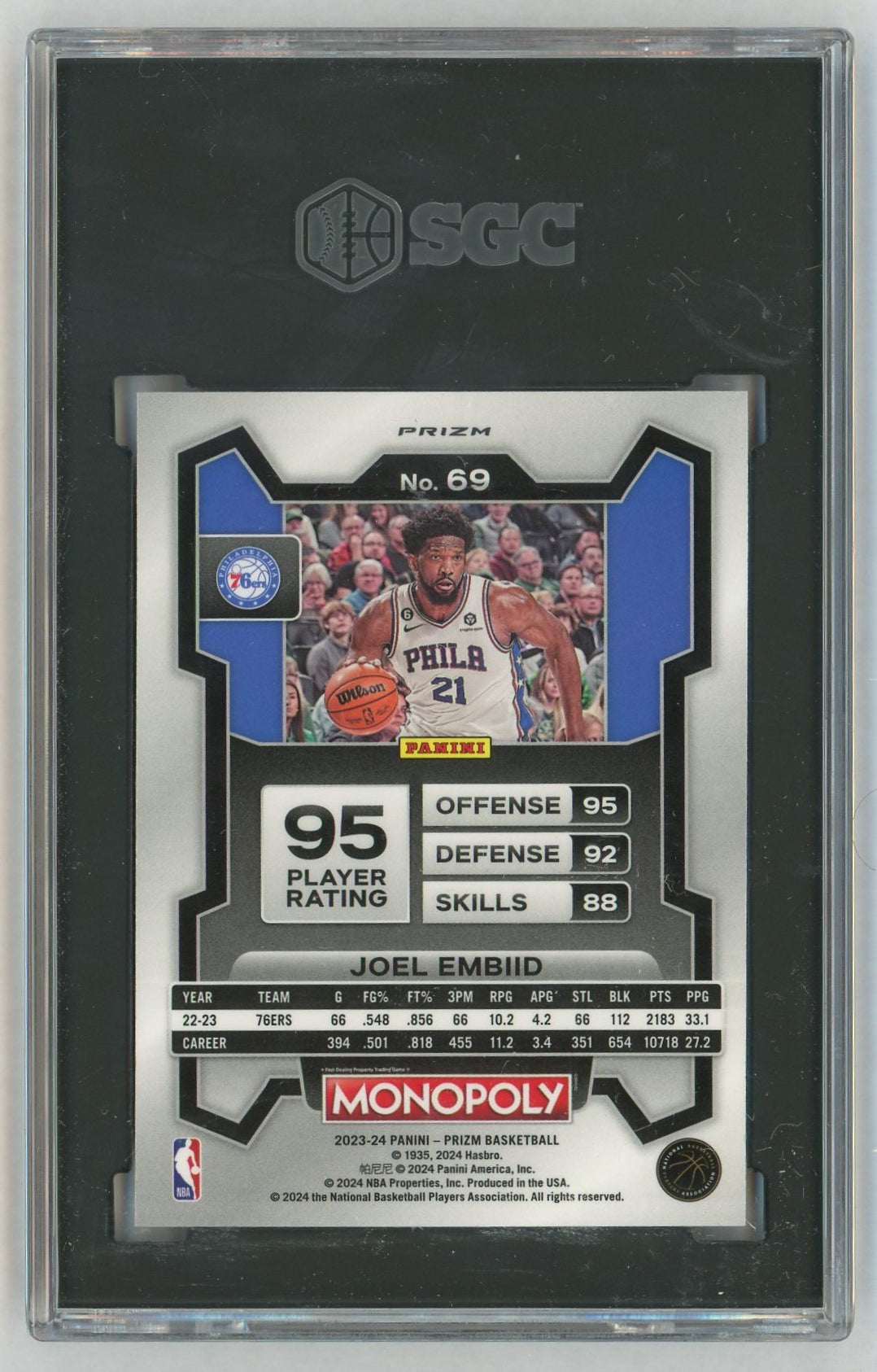 2023-24 Prizm Monopoly #69 Joel Embiid Purple Wave SGC 10