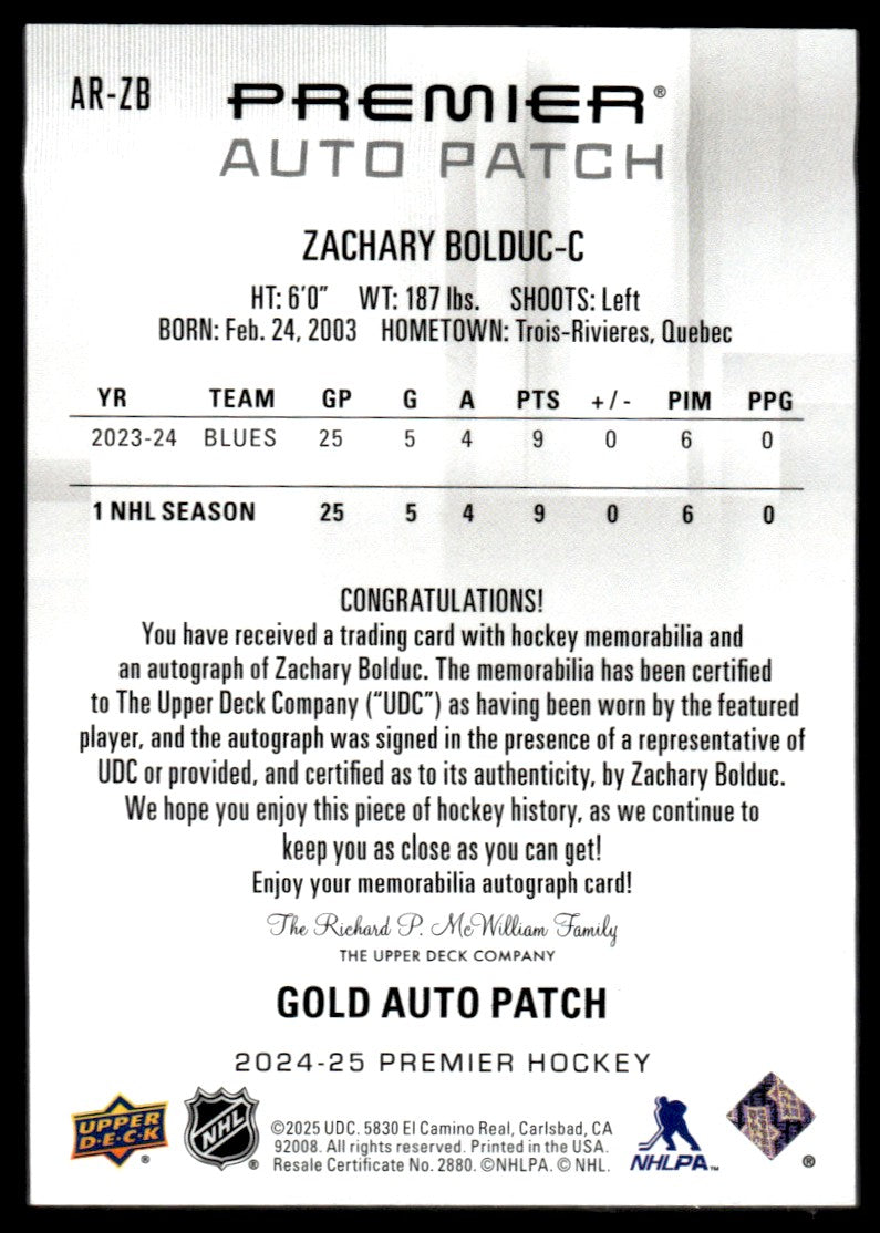 2024 Upper Deck Premier AR-ZB Zachary Bolduc Rookie Auto Patch Rookie /265 Blues