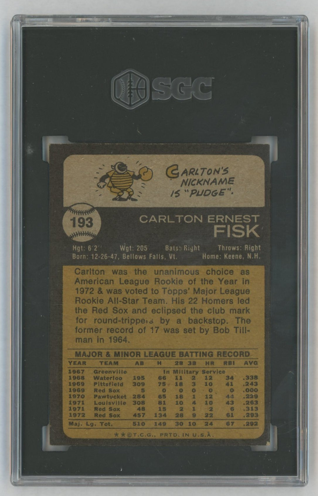 1973 Topps #193 Carlton Fisk Gold Cup Rookie RC SGC 6