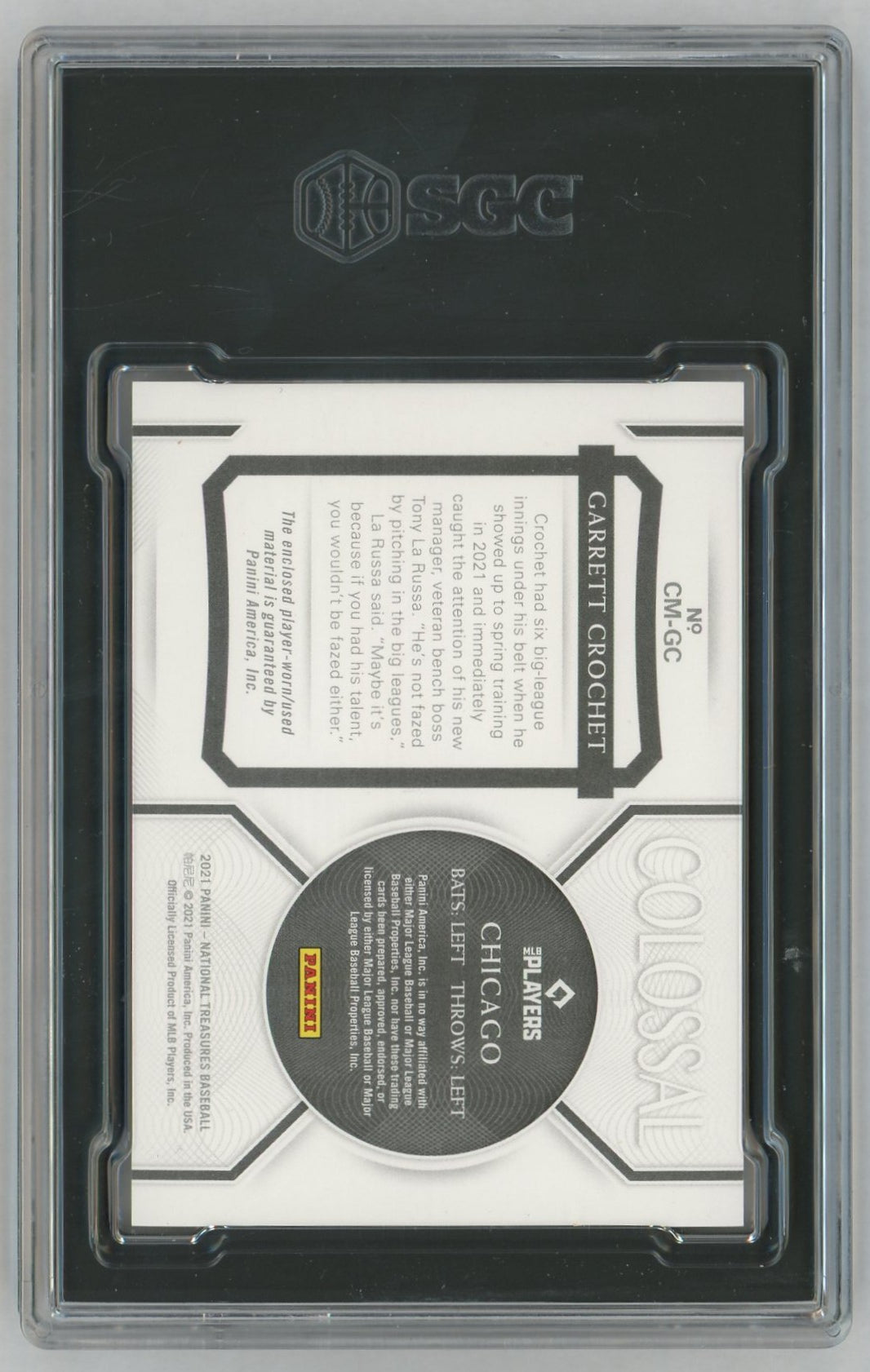 2021 National Treasures #CM-GC Garrett Crochet Colossal Game-Worn Jumbo 3-Color Patch Rookie RC /10 SGC 8