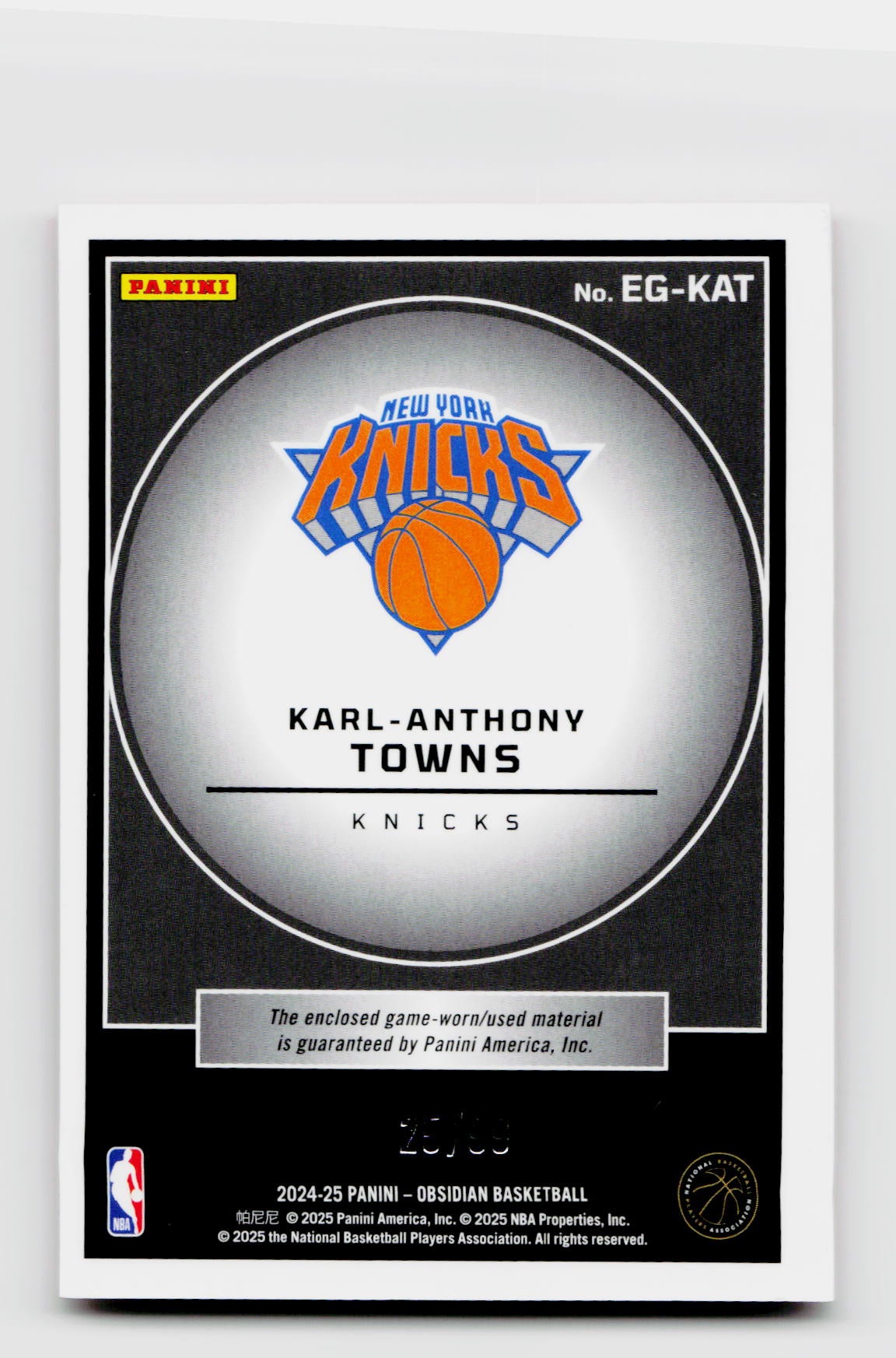 2024-25 Obsidian #EG-KAT Karl-Anthony Towns Equinox Gear Game-Used Patch Orange /99