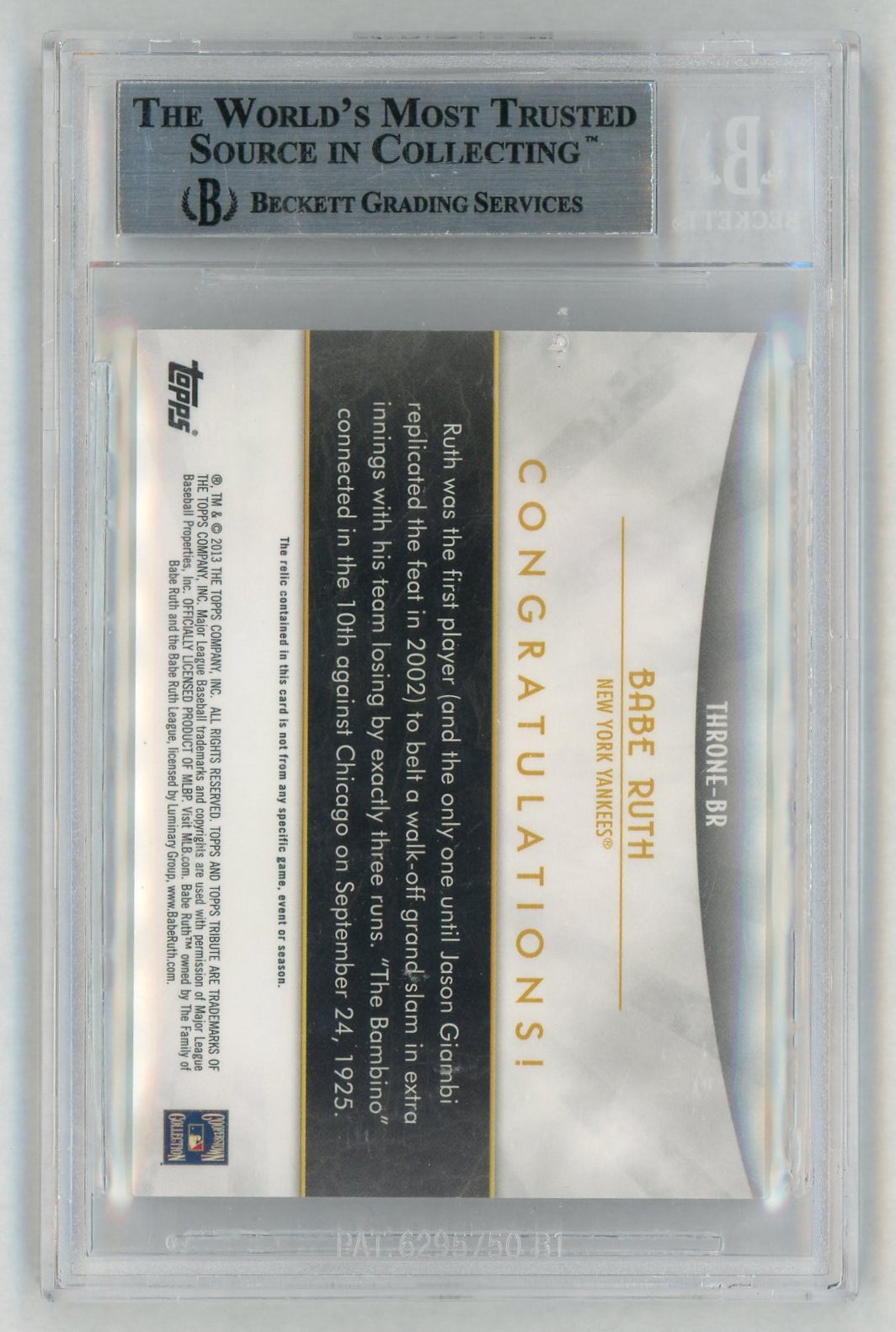 2014 Topps Tribute Tribute To the Throne Relics Babe Ruth #THRONEBR /99 BGS 9