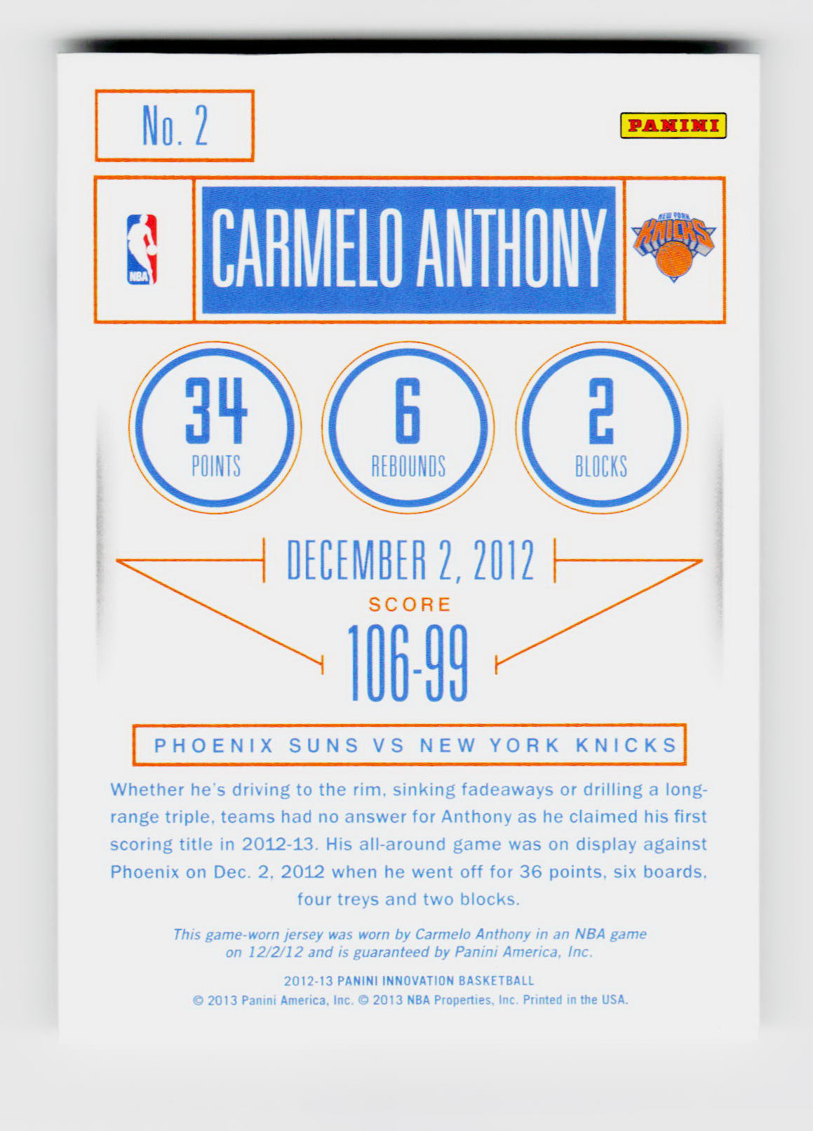 2012 Innovation #2 Carmelo Anthony Stat Lines Game-Used Jersey Patch /199