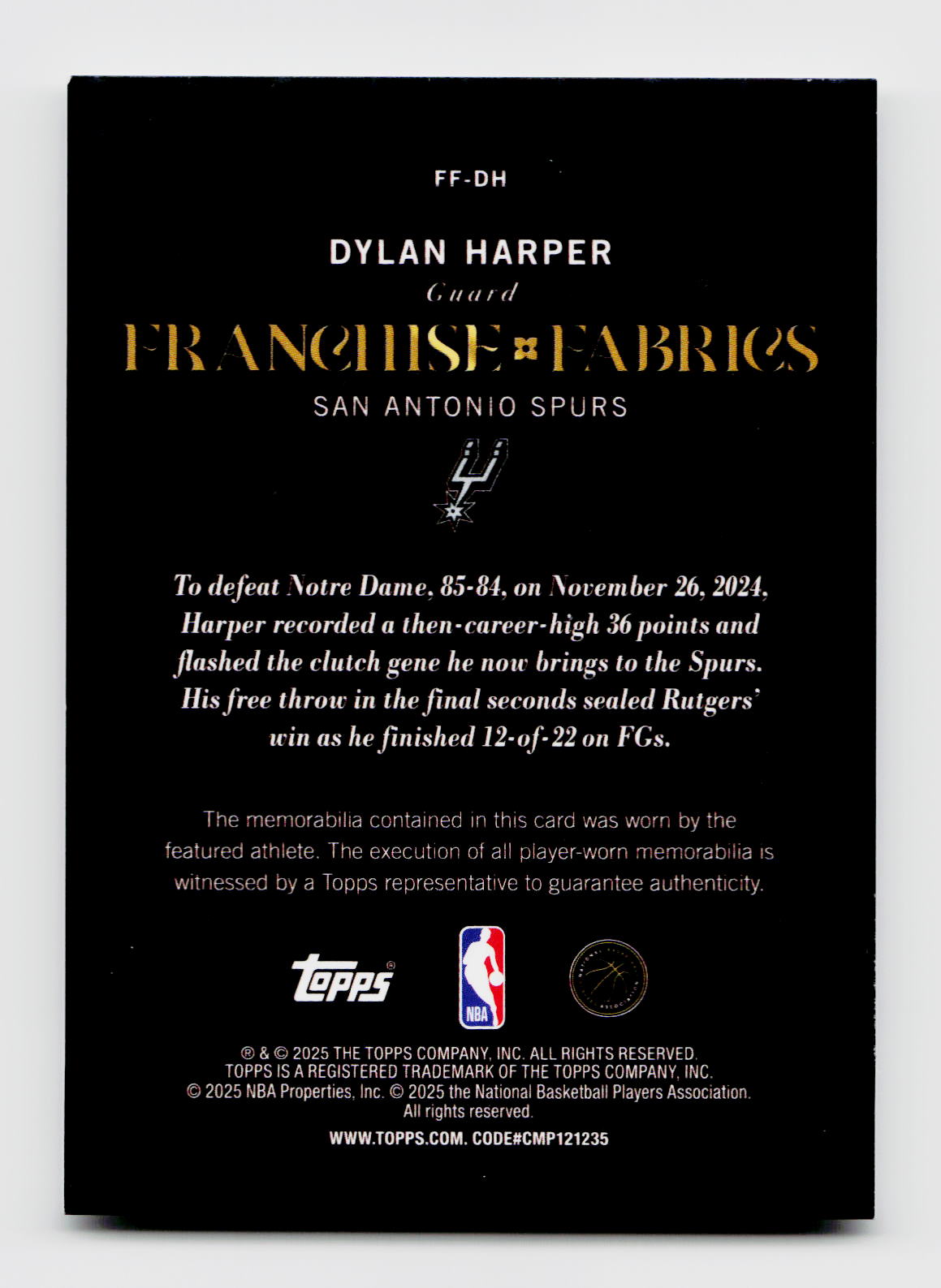 2025 Topps FF-DH Dylan Harper Franchrse Fabrics Rookie RC Player-Worn Patch