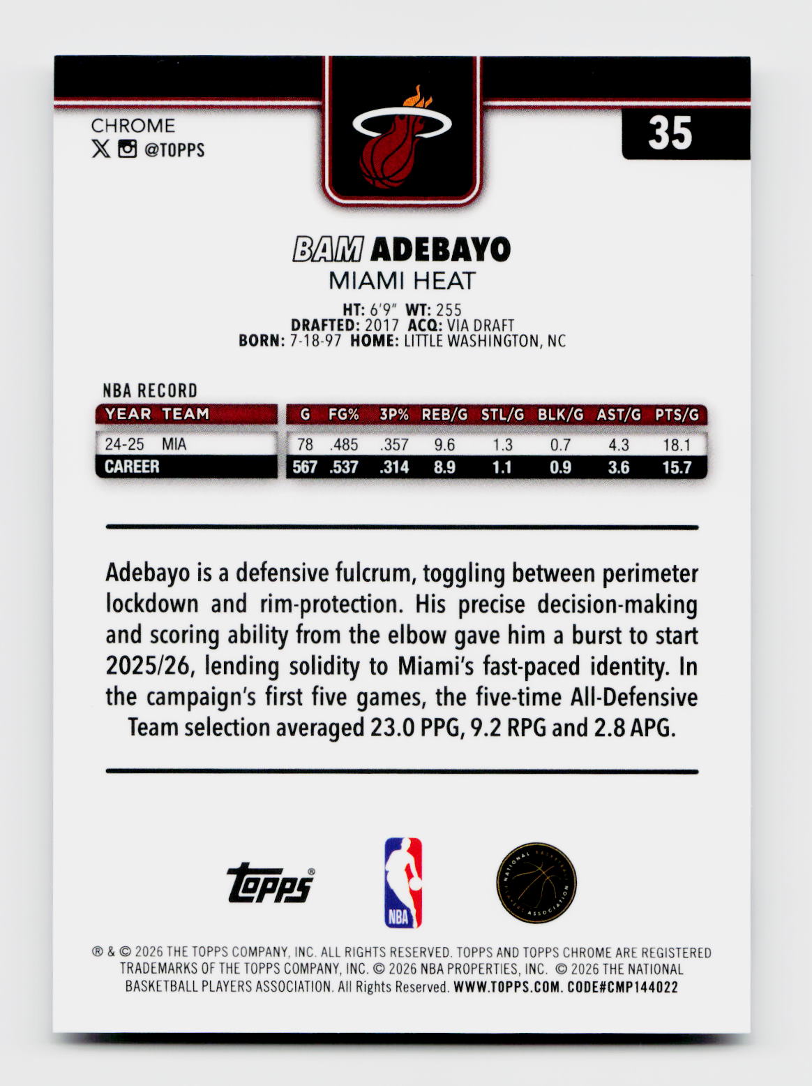 2026 Topps Chrome #35 Bam Adebayo FrozenFractor SSP -5/0