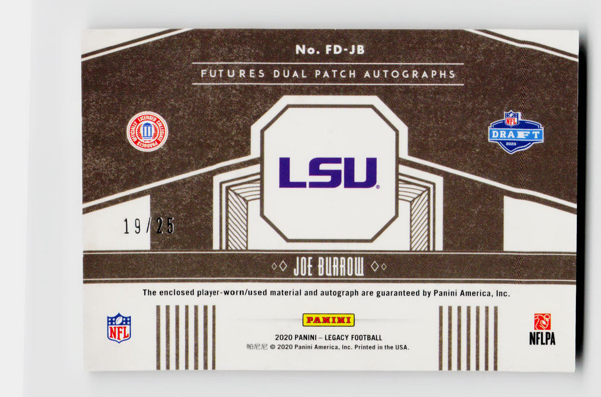 2020 Panini Legacy #FD-JB Joe Burrow Rookie RC Futures Dual Player-Worn Patch Auto /25