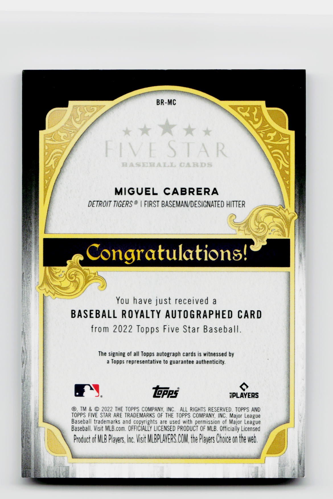 2022 Five Star #BR-MC Miguel Cabrera Baseball Royalty Gold Auto /15