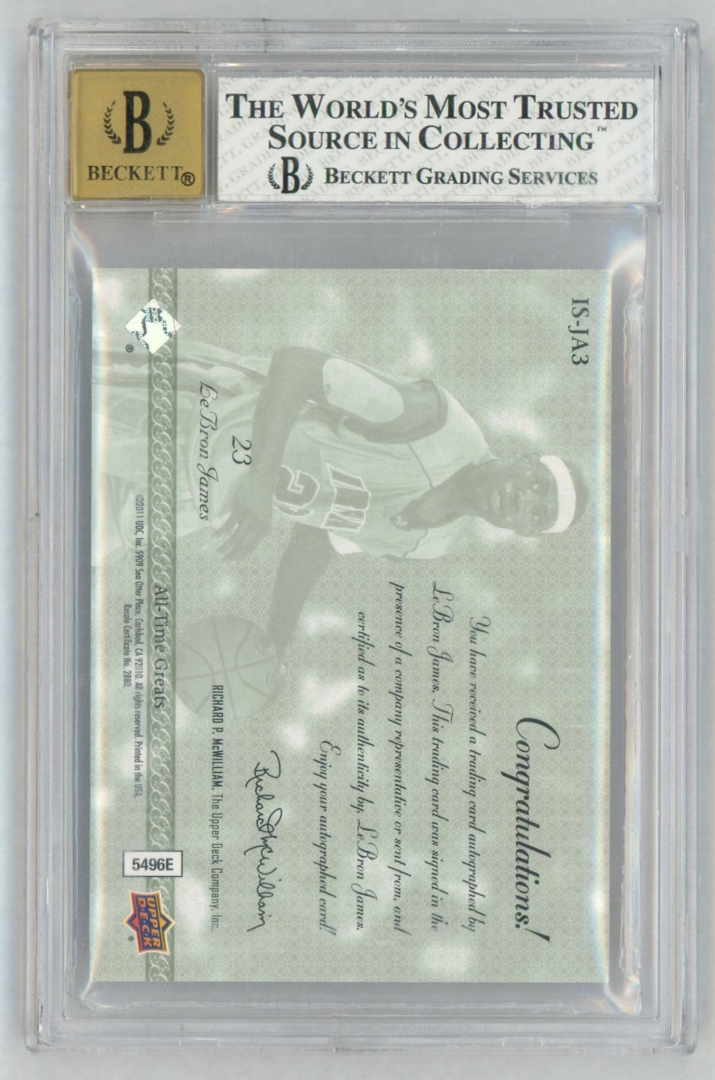 2011 Upper Deck #IS-AJ3 LeBron James Illustrious Signatures Auto Hand-Numbered /15 BGS 8 Auto 10