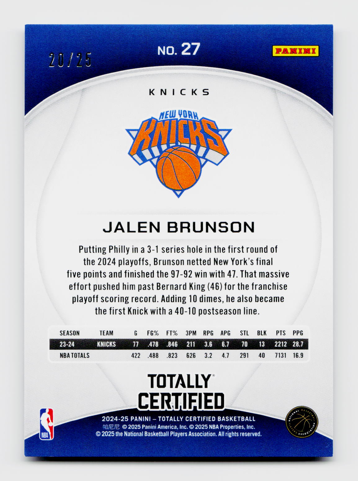 2024-25 Totally Certified #27 Jalen Brunson White Mirror SSP /25