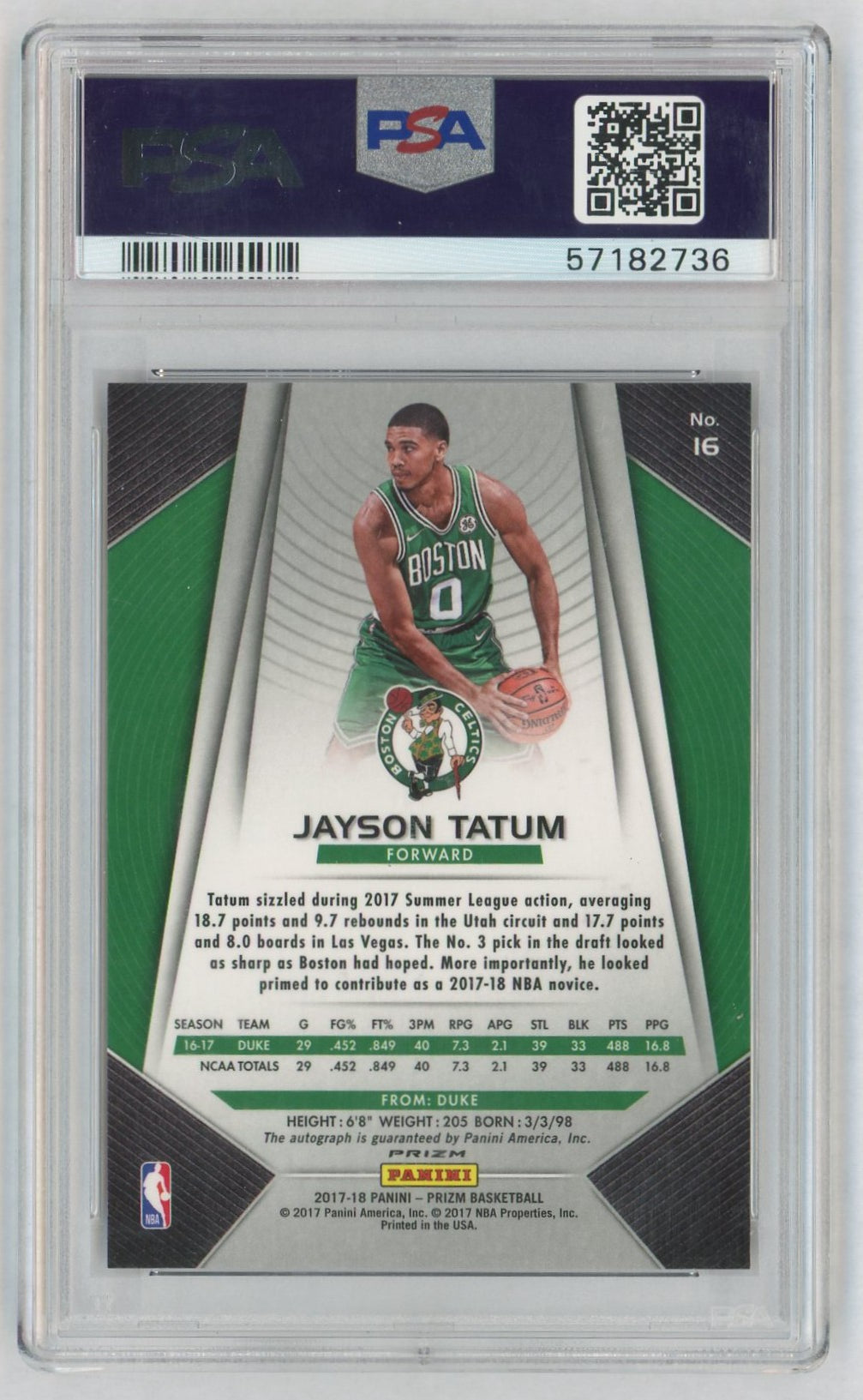 2017 Panini Prizm Autograph Fast Break Prizm Jayson Tatum #16 PSA 9