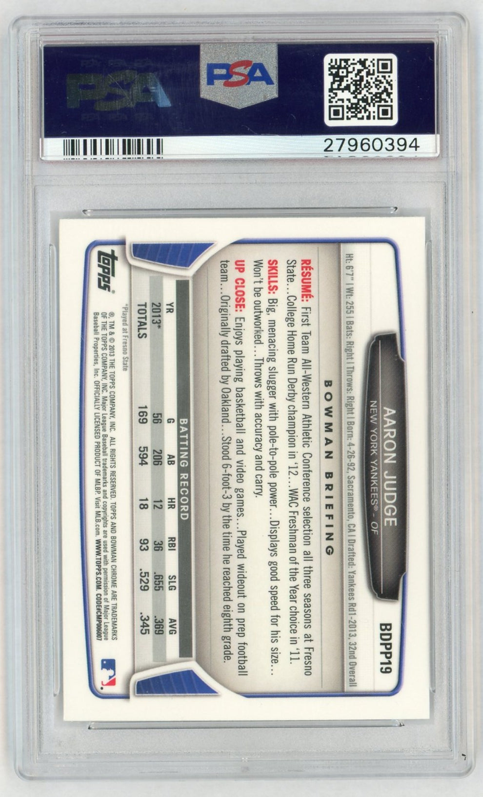 2013 Bowman Draft Picks and Prospects Chrome Aaron Judge #BDPP19 PSA 10