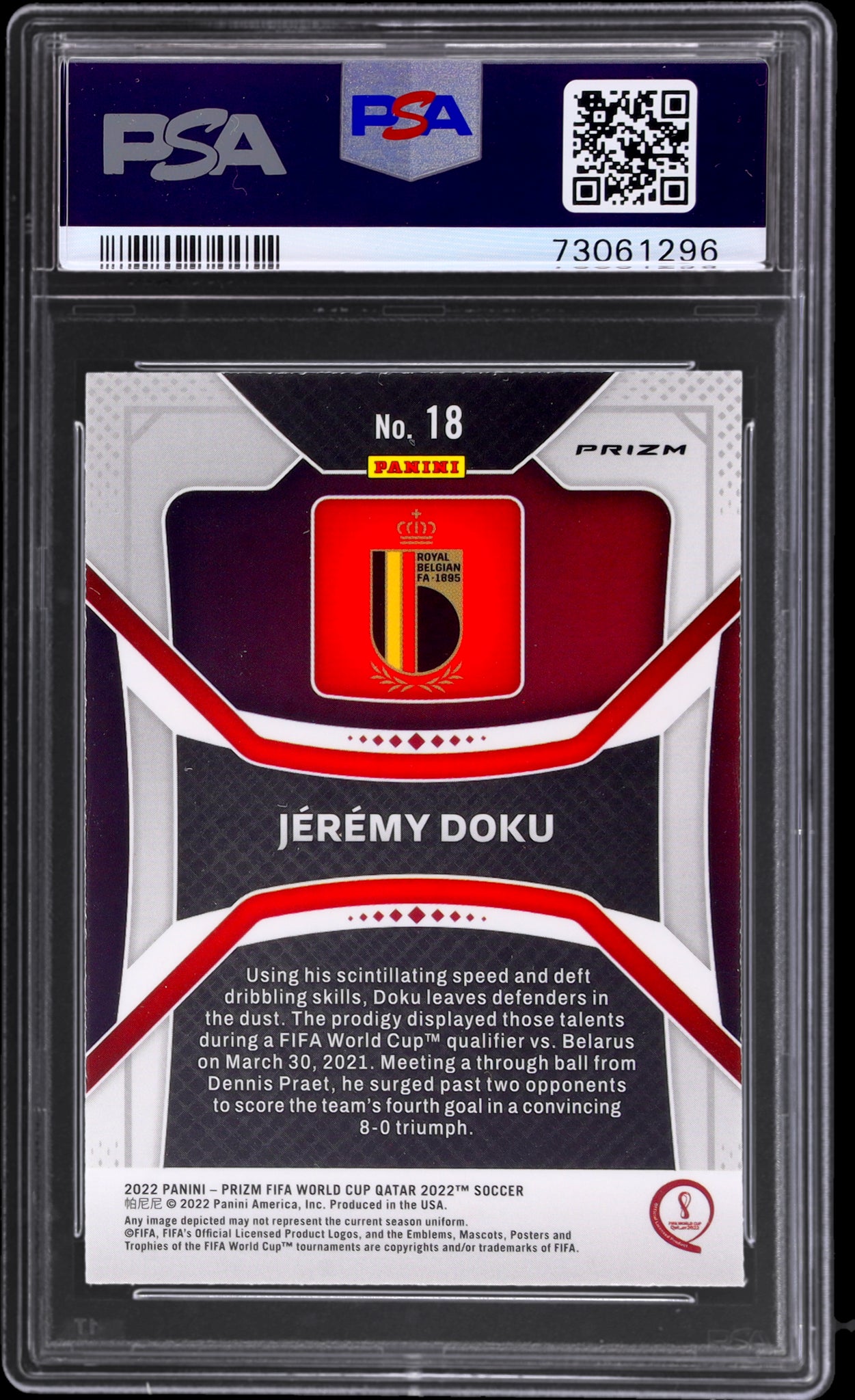 2022 Panini Prizm World Cup #18 Jeremy Doku Green Ice Prizm PSA 9