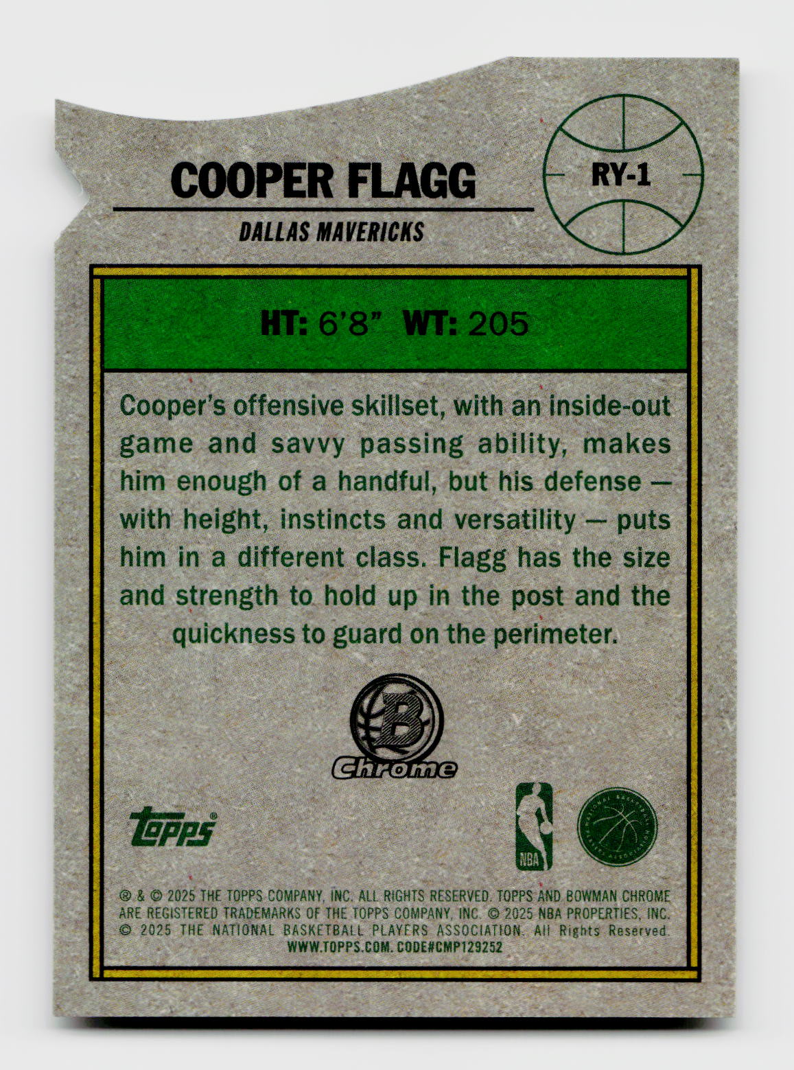 2025 Bowman Chrome #RY-1 Cooper Flagg Rookie of the Year ROTY Favorites Gold Refractor RC /50