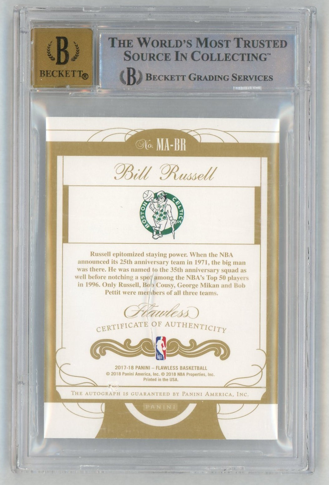 2017-18 Flawless #1 Bill Russell Momentous Auto /25 BGS 9 Auto 10