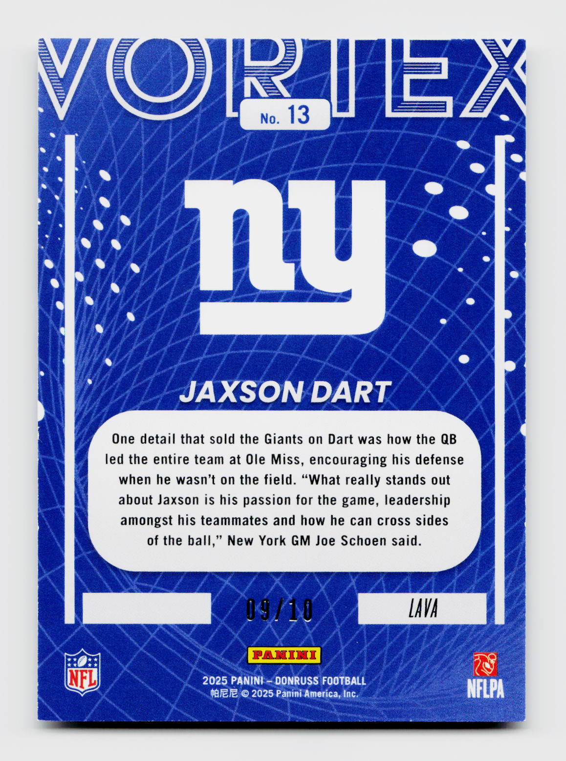 2025 Donruss #13 Jaxson Dart Vortex Lava SSP /10 Rookie RC