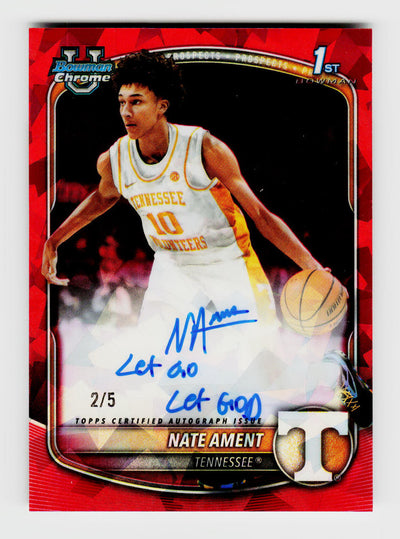 2025-26 Bowman Chrome Sapphire #CPA-NA Nate Ament 1st Rookie RC Red Auto SSP /5 Inscription "Let Go Let God"