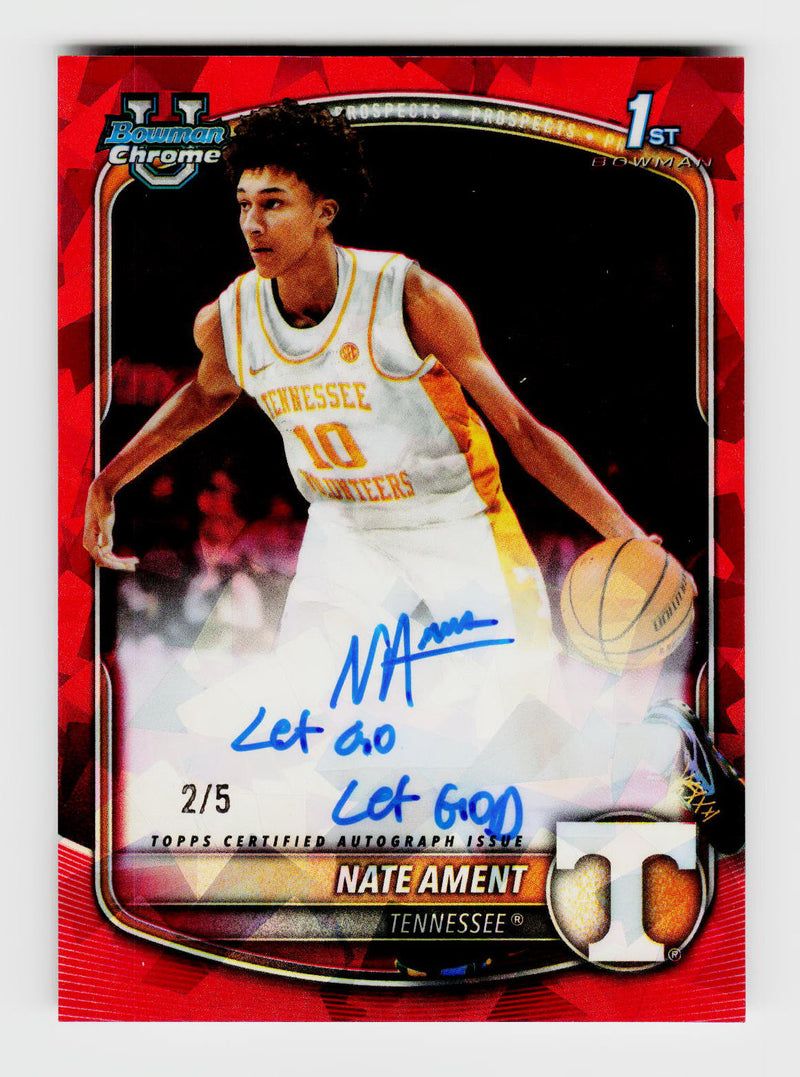 2025-26 Bowman Chrome Sapphire #CPA-NA Nate Ament 1st Rookie RC Red Auto SSP /5 Inscription "Let Go Let God"