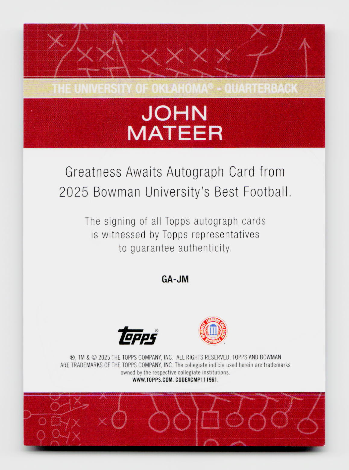 2025 Bowman's Best U #GA-JM John Mateer Greatness Awaits Black Refractor Auto /10