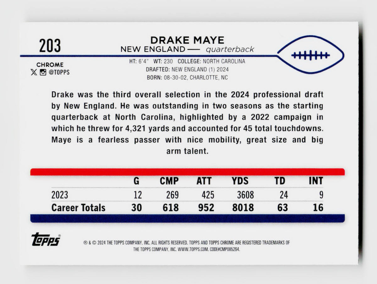 2024 Topps Chrome #203 Drake Maye Rookie RC True Yellow Refractor /75