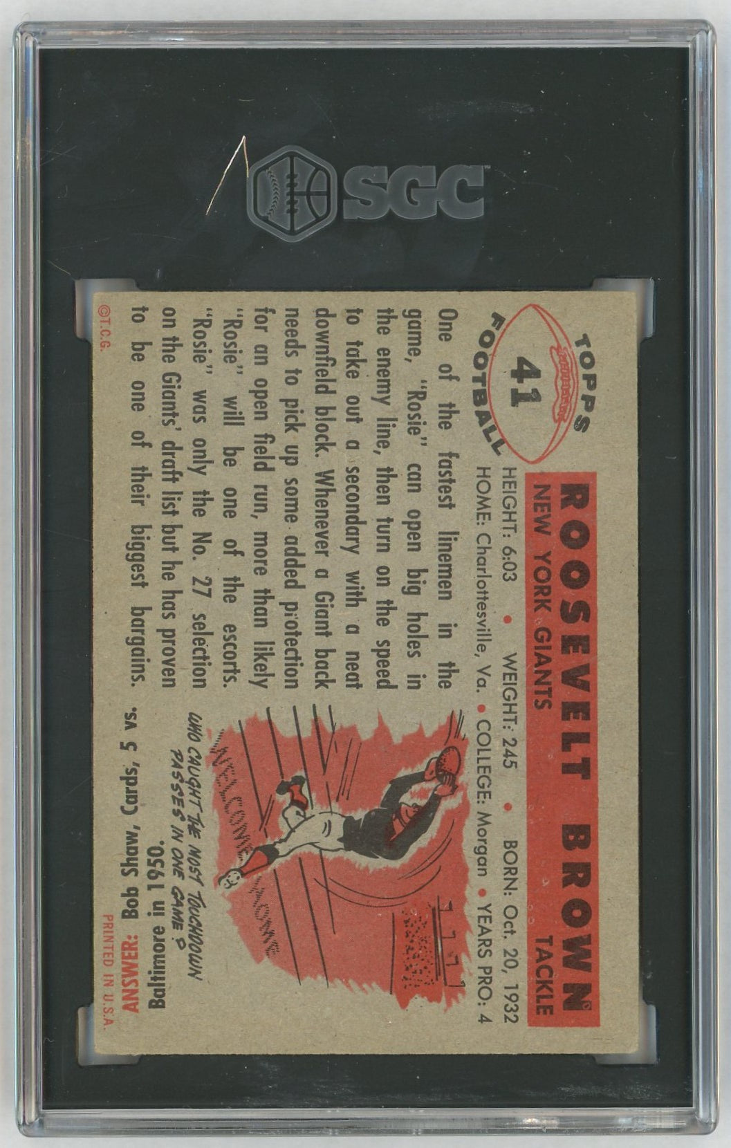 1956 Topps #41 Roosevelt Brown Rookie RC SGC 3.5