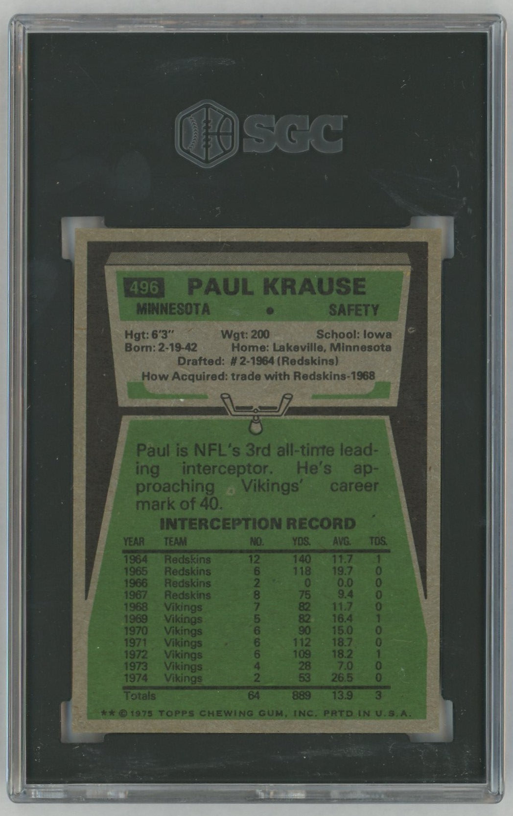 1975 Topps #496 Paul Krause SGC 7