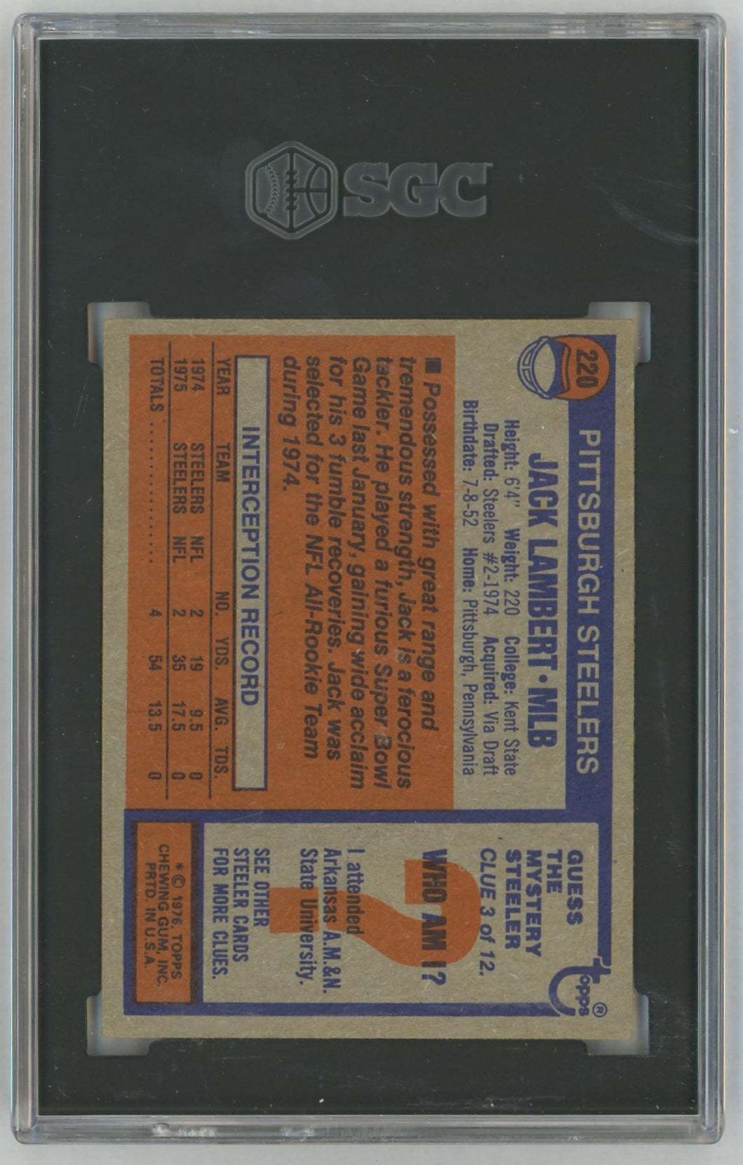 1976 Topps #220 Jack Lambert Rookie RC SGC 5