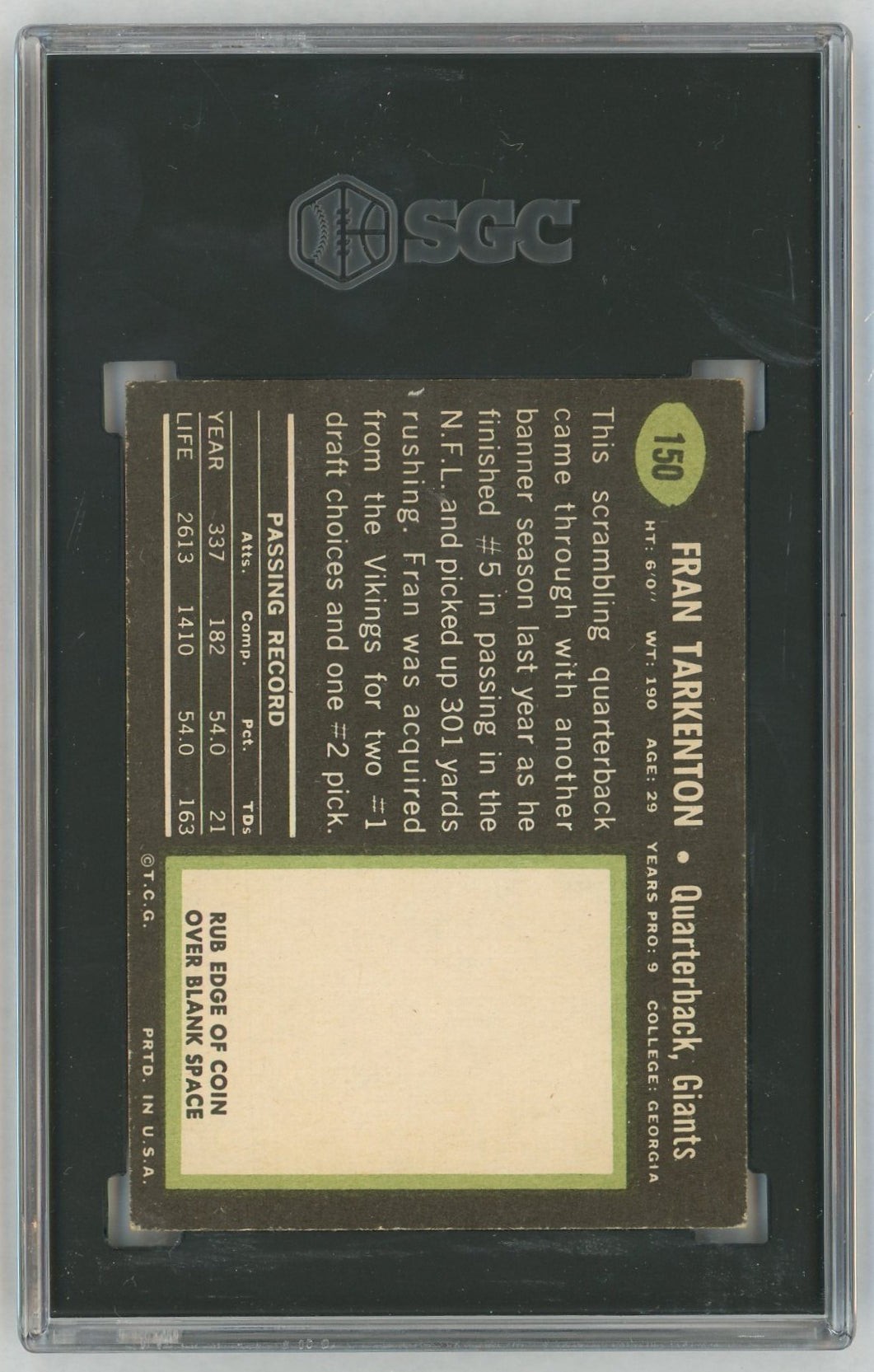 1969 Topps #150 Fran Tarkenton SGC 4