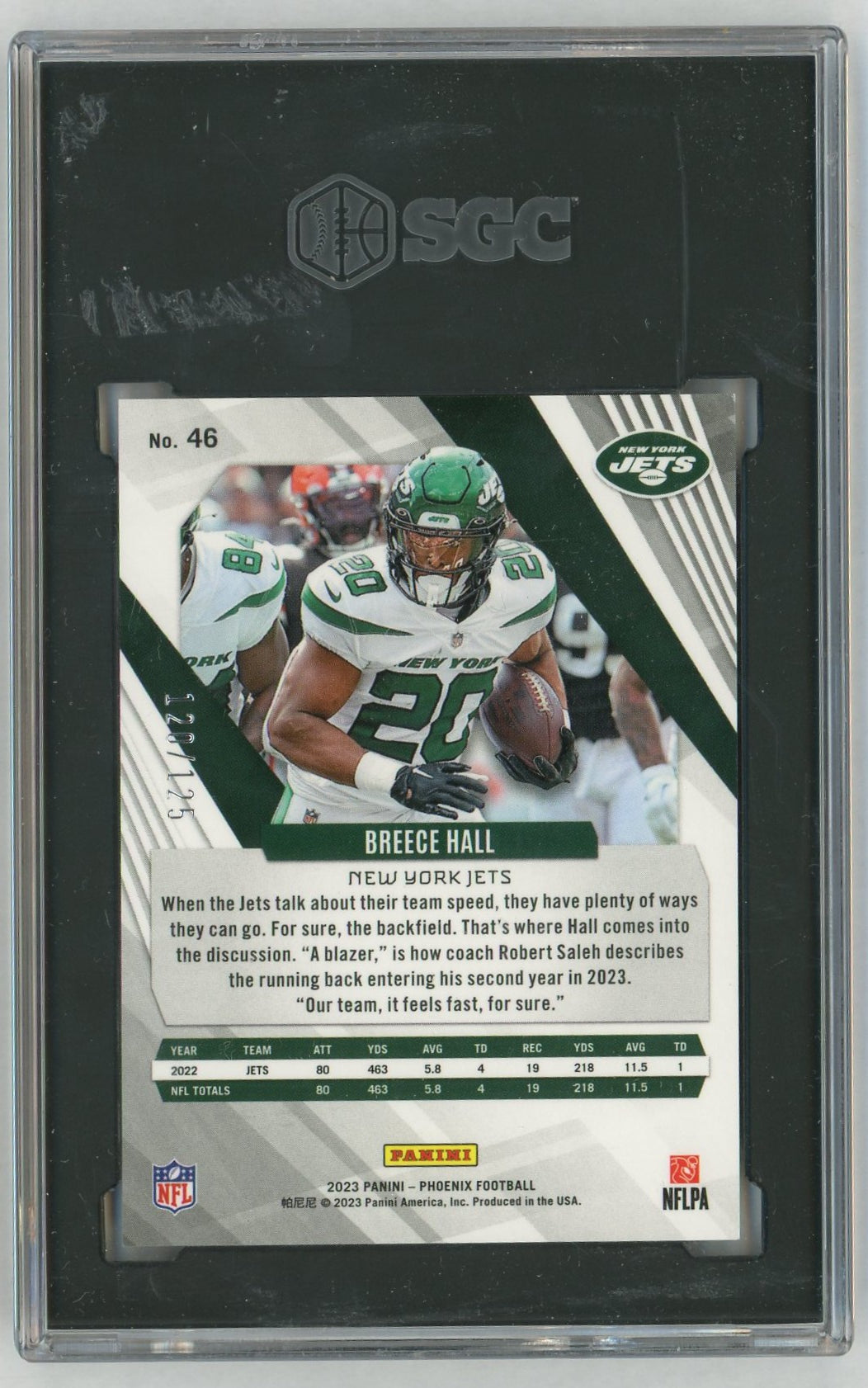2023 Panini Phoenix #46 Breece Hall Purple Seismic /125 SGC 9.5