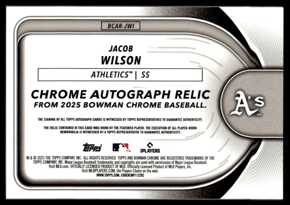 2025 Bowman Chrome BCAR-JWI Jacob Wilson Chrome Autograph Relic Rookie /25 VG Athletics