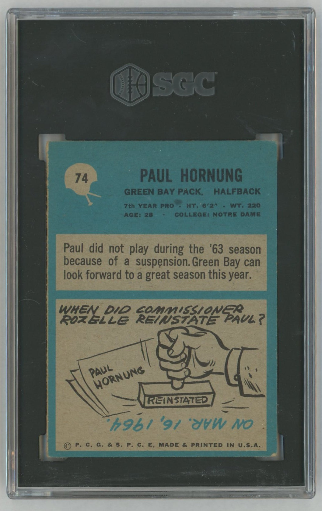 1964 Philadelphia #74 Paul Hornung SGC 3