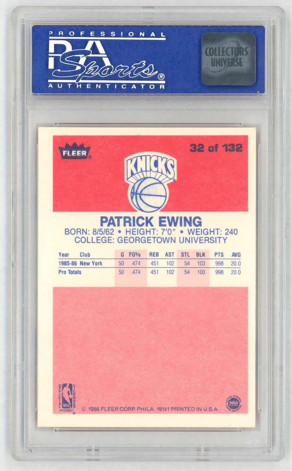 1986 Fleer Patrick Ewing #32 PSA 7
