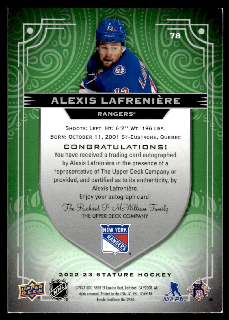 2022 Upper Deck Stature 78 Alexis Lafrenière /50 VG Rangers Auto